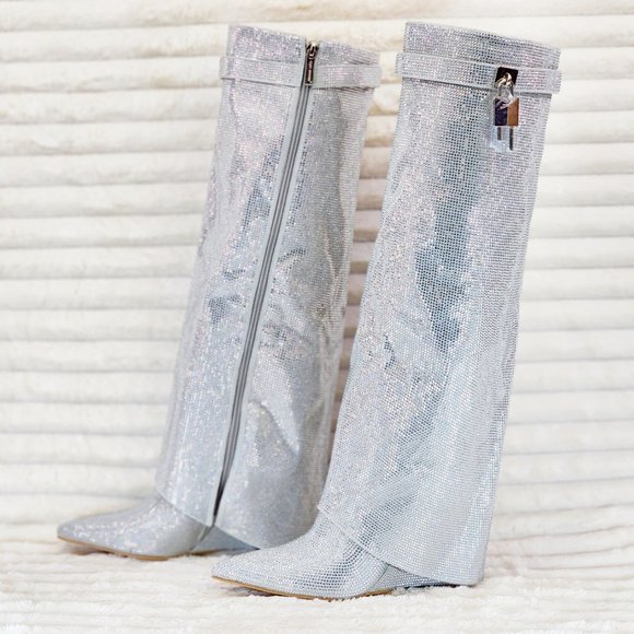 Super Sparkle Sharky Silver Rhinestone Skirted Fold Over Wedge Heel Knee Boots - Picture 10 of 12